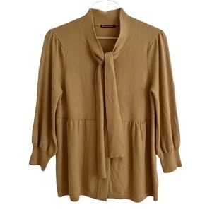 525 America 100% Cashmere Peplum Button Down Cardigan Sweater 3/4 Sleeves Camel